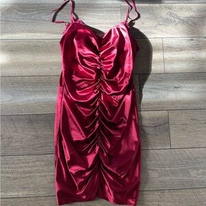 Scrunched Red satin mini bodycon dress, laced top